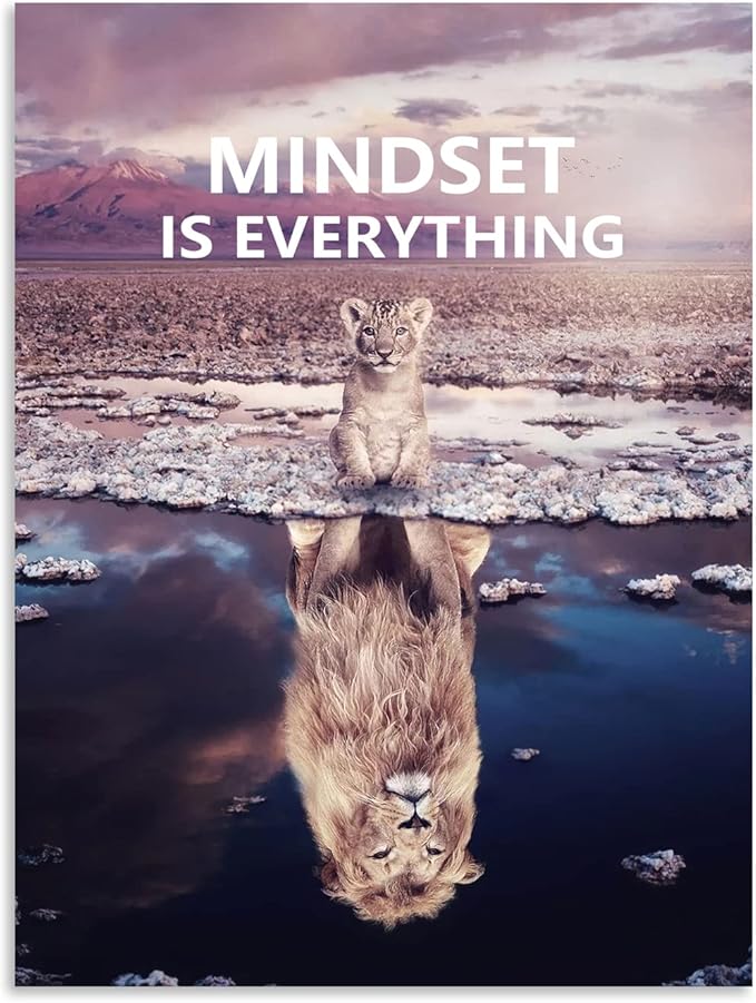 Mindset is Everything Inspirational Canvas Printing Wall Art Little Lion Big Lion Inspirational Poster Printing Artwork Home Decoration Living Room Bedroom Office Frame Ready to Hang[30″W X 40″H]