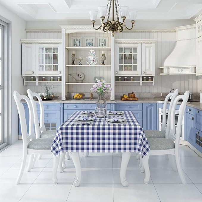 misaya Rectangle Waterproof Vinyl Table Cloth, Buffalo Flannel Backed Tablecloth, Wipeable Plastic Table Cover for Dinner, Kitchen, Outdoor (60" x 102", White and Navy)