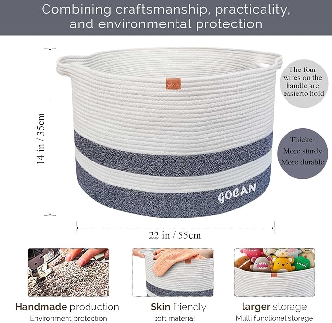 Extra Large Laundry Basket 22" X 22"X 14" XXXL Cotton Rope Woven Basket for Blankets Storage Basket with Handles for Living Room (Dark Grey/Beige)