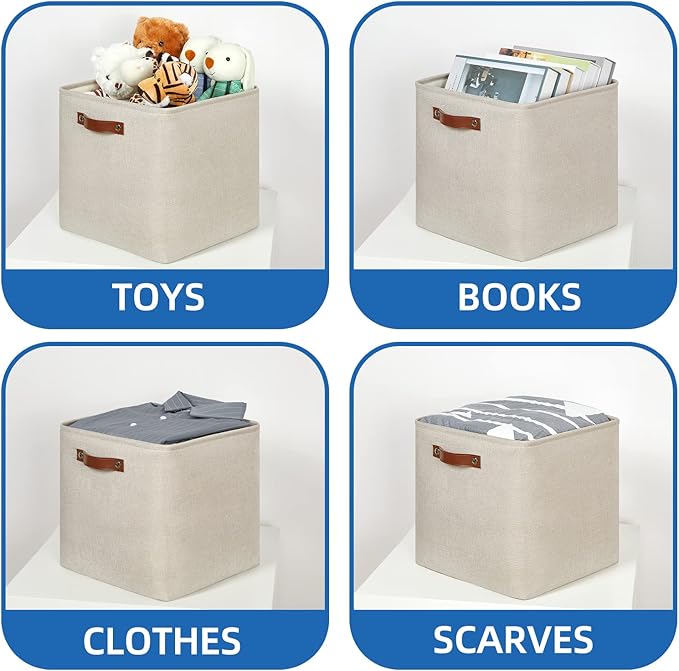 Temary Cube Storage Baskets 13 Inch Cube Storage Bins 4 Pack Baskets for Organizing Shelves Fabric Cloth Bins for Shelf, Home, Closet(Beige)