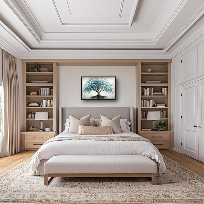 Flintis Large Tree of Life Framed Wall Art Teal Blue Tree Pictures Wall Decor Abstract Natural Landscape Canvas Painting Print Artworks Framed for Living Room Bathroom Master Bedroom 36L X 24W