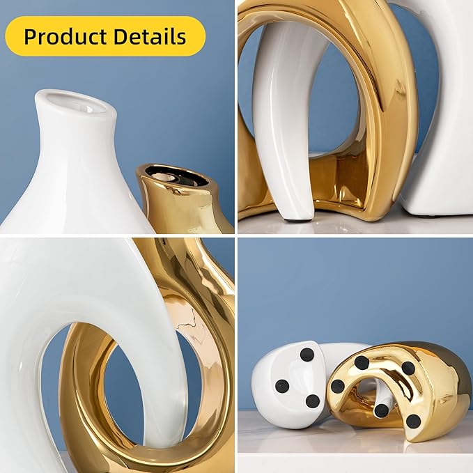 White and Gold Vases, Set of 2 vases Flowers, Pretty Vase Home Decor Boho, Hollow Modern Ceramic vase for Centerpieces