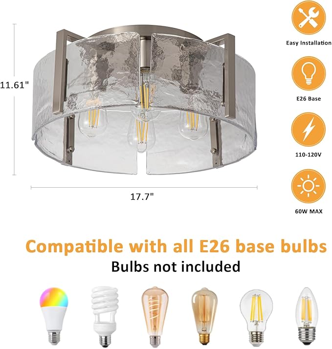 Modern Semi Flush Mount Ceiling Light Fixture, Nickel Hallway Light Fixtures Ceiling Mount, Dimmable Foyer Kitchen Lighting Fixtures Ceiling Lights for Bedroom Bathroom Dining Room Laundry Room