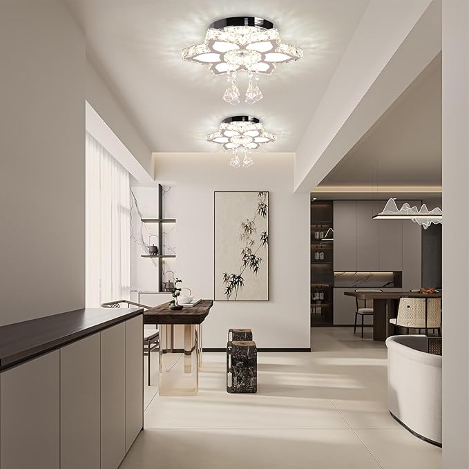 FRIXCHUR 13.4" Crystal Chandelier Crystal Ceiling Light Modern LED Flush Mount Chandeliers Light Fixture Flower Shape Ceiling Lamp for Bedrooms Living Dining Room 2700K/4000K/6500K Changeable Color