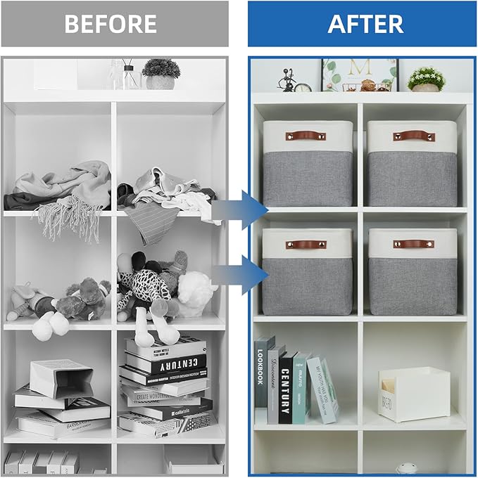 Temary Fabric Storage Baskets - 11 Inch Storage Cubes Set of 4 for Organizing, Books, Blankets (White&Gray)