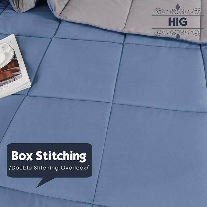 HIG 3pc Dusty Blue Queen Size Comforter Set - All Season Reversible Down Alternative Comforter with Sham - Quilted Duvet Insert with Corner Tabs - Box Stitched Blanket - Breathable, Soft, Fluffy