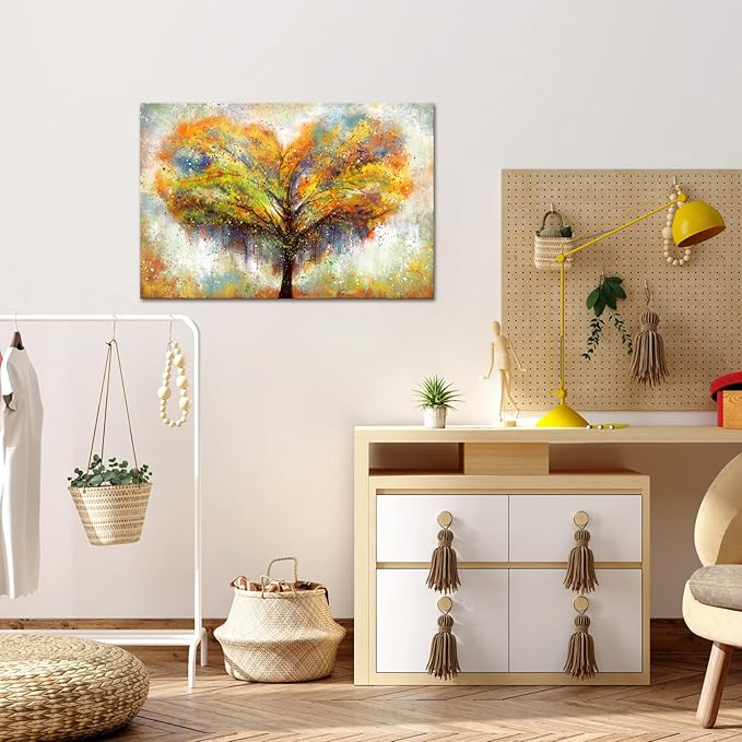 Biuteawal Tree Wall Art Love Heart-Shaped Tree Picture Orange Painting Prints Country Artwork Contemporary Home Farmhouse Living Room Bedroom Decoration Framed Ready to Hang