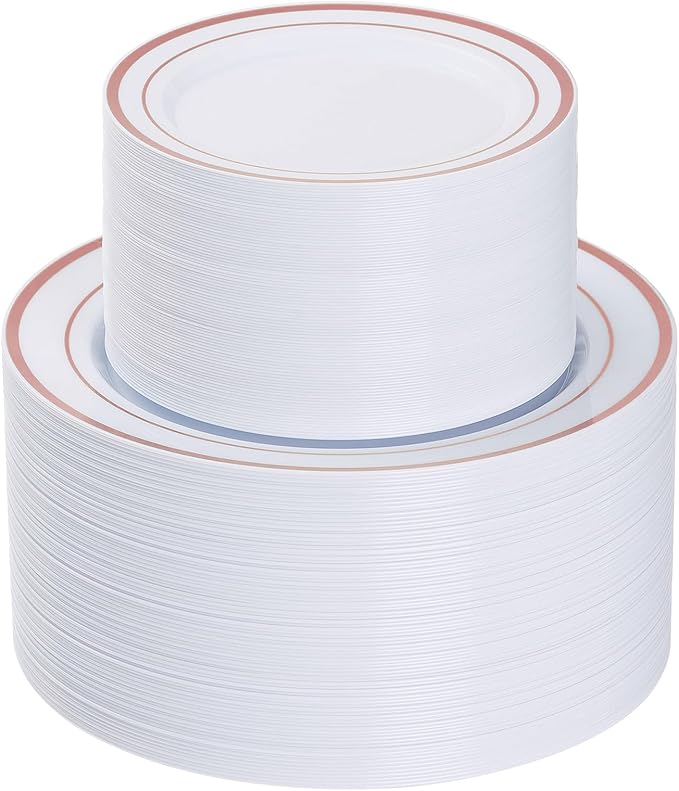 Goodluck 200PCS Rose Gold Plastic Plates, Heavy Duty Disposable Rose Gold Plates with 100 10.25 inch Dinner Plates and 100 7.5 inch Dessert Plates. Disposable Plates for Party, Wedding, Valentines
