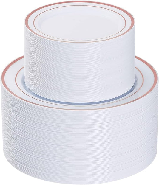 Goodluck 200PCS Rose Gold Plastic Plates, Heavy Duty Disposable Rose Gold Plates with 100 10.25 inch Dinner Plates and 100 7.5 inch Dessert Plates. Disposable Plates for Party, Wedding, Valentines