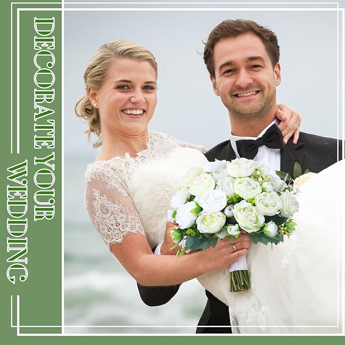 Geosar 8 Bundles Artificial Peonies Flowers Fake Silk Peony Bouquet Faux Peonies Flowers Bulk for Decoration Vase Florals Arrangements Wedding Party Table (White,Green)