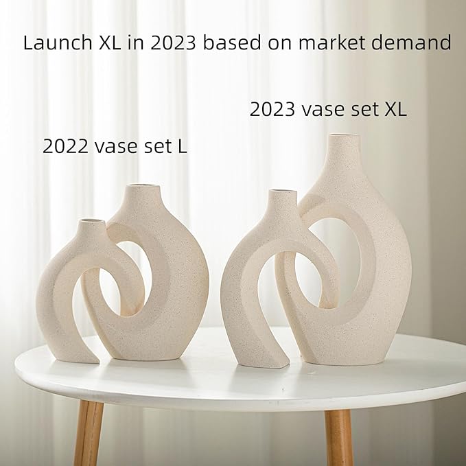 Snuggle Hollow Ceramic Vase Set of 2, Boho ins Style Round Nordic Mid Century Modern Aesthetic Decorative Vase for Home Decor (Cream W 6.8" X H 11")