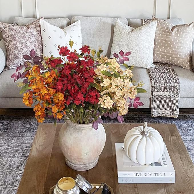 Briful Fall Artificial Hydrangea Flower Stems, 33.5" Silk Blossom Sprays with Bendable Stems, Set of 3 Faux Floral Branches for Tall Vase Arrangements, Orange