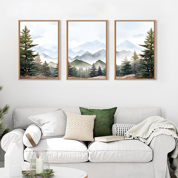 KAIRNE Framed Mountain Canvas Wall Art Set, Misty Forest Wall Decor, Green Pine Tree Wall Painting, Nature Widerness Landscape Art Print for Living Room, Bedroom, Study, Gallery - 16"x24"x3
