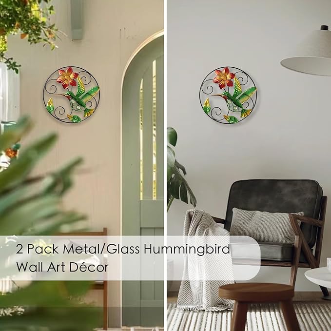 Jusimux 2 Pack the lovely Round metal/Glass Hummingbird and Flower wall Art Decor, 9.5 Inch Fence Decorations Outdoor Hanging Decor for Patio Bedroom Living Room Garden Yard