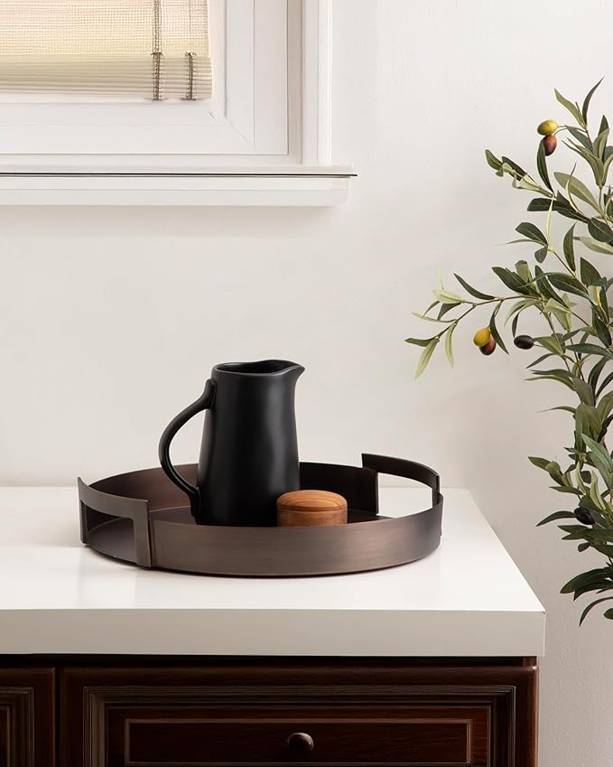 Kate and Laurel Myo Transitional Metal Round Tray; 15 Inch Diameter; Bronze; Modern Glam Circular Decorative Serving Tray with Handles for Use as Living Room Ottoman Table or Entryway Tray Decor