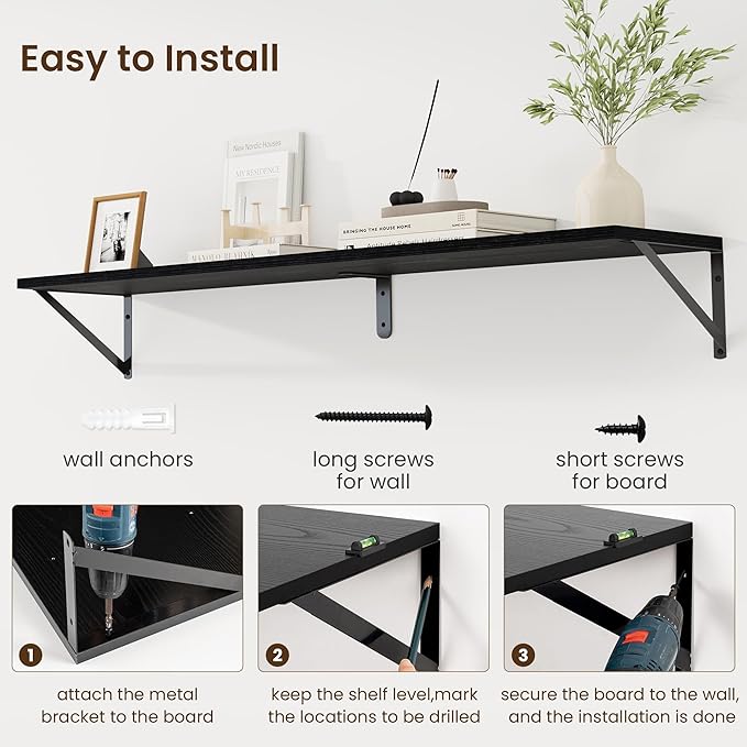 Fun Memories Deep Floating Shelves for Wall, 48W x 8D Wall Mounted Shelves Set of 2, Wide Display Ledge Shelf with Sturdy Metal Brackets for Living Room, Bathroom, Bedroom and Kitchen, Black