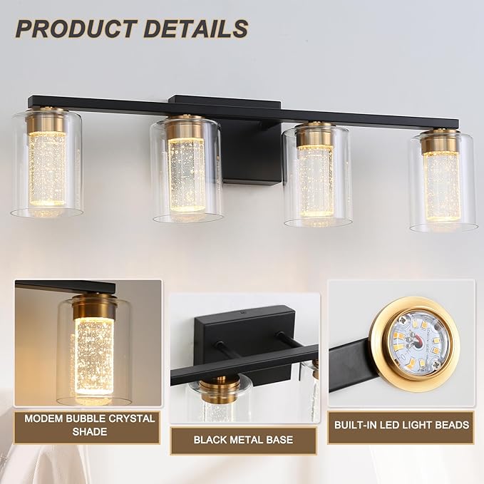 4-Light Black Bathroom Light Fixture, Dimmable 5CCT Black and Gold Bathroom Vanity Lights, 2700K-6500K Modern Crystal Bubble LED Wall Sconce Over Mirror with Clear Glass