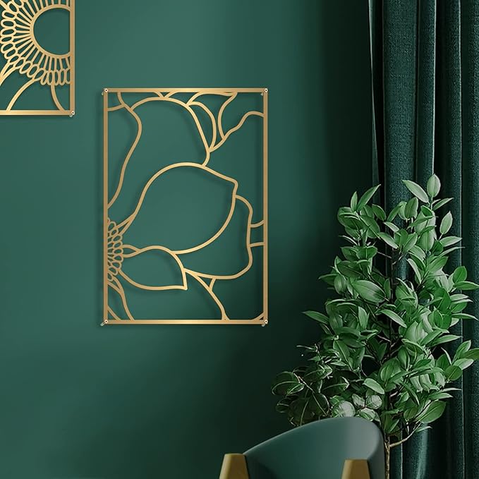 Glamativity 4 Pack Gold Wall Art, Flower Minimalist Single Line Art, Real Metal Nature Floral Abstract Wall Decor for Kitchen Bedroom Living Room