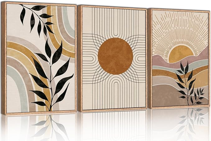 HPINUB Boho Framed Canvas Wall Art Prints, Set of 3 Mid Century Modern Wall Decor, Nature Plants Desert Sun Art Paintings, Bohemian Artwork for Living Room, Bedroom, Dining Room, Office - 16"x24"x3