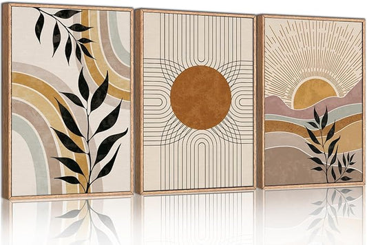 HPINUB Boho Framed Canvas Wall Art Prints, Set of 3 Mid Century Modern Wall Decor, Nature Plants Desert Sun Art Paintings, Bohemian Artwork for Living Room, Bedroom, Dining Room, Office - 16"x24"x3