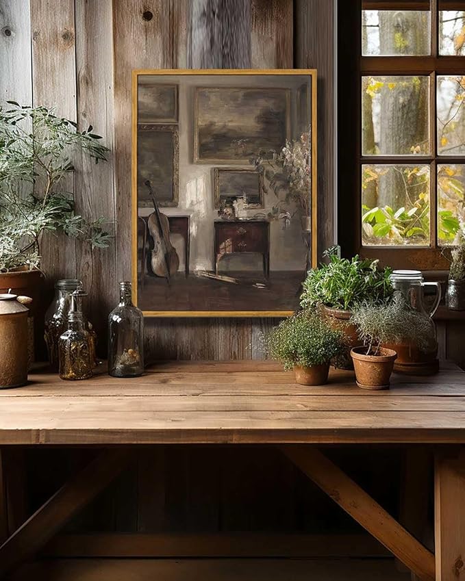 KBKBART Vintage Framed Wall Art , Farmhouse Decor Moody Still Life Canvas Oil Painting Vintage Dark Bathroom Art Prints, Neutral Antique Art Wall Decor for Bedroom, Living Room, Gallery, Gifts for Friends or Family (12"x16")