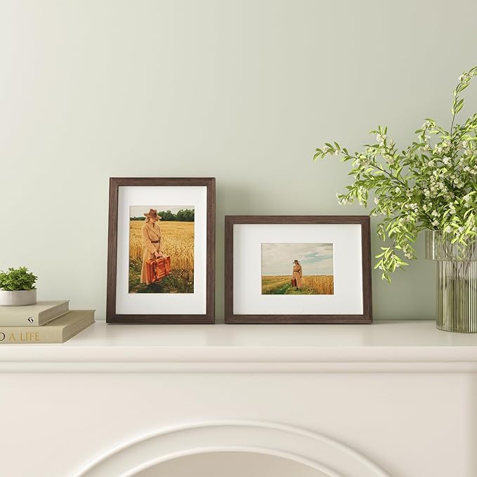 Egofine A4 Picture Frames Set of 4, Made of Solid Wood Covered by Plexiglass 4x6 and 6x8 with Mat or A4 without Mat, for Table Top Display and Wall Mounting Photo Frame Brown