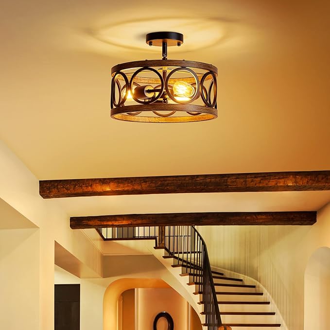 XINGQI Semi Flush Mount Ceiling Light Fixture Modern 3-Light Farmhouse Ceiling Lights for Bedroom Living Room Dining Room Entry Hallway Foyer 13" Black and Wood Grain Finish