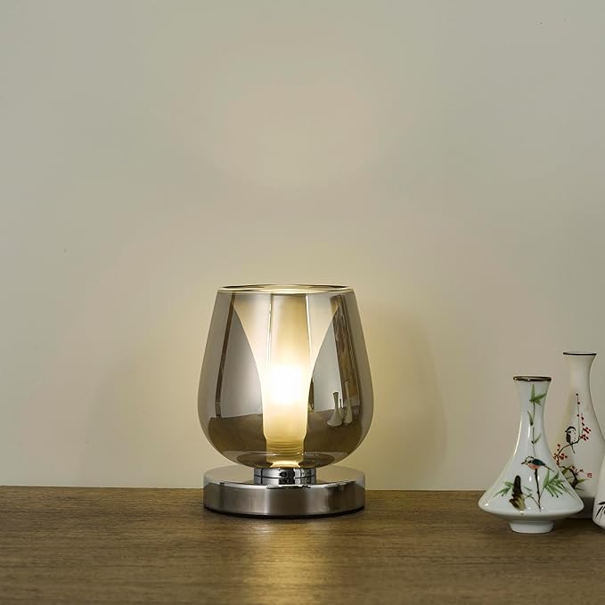 Small Touch Bedside Table Lamp, Modern Small Lamps for Bedroom Living Room Nightstand, Desk lamp with Smoky Grey Glass Lampshade, 4 x 4 x 5 inch Accent Night Light for Dining Room and Office