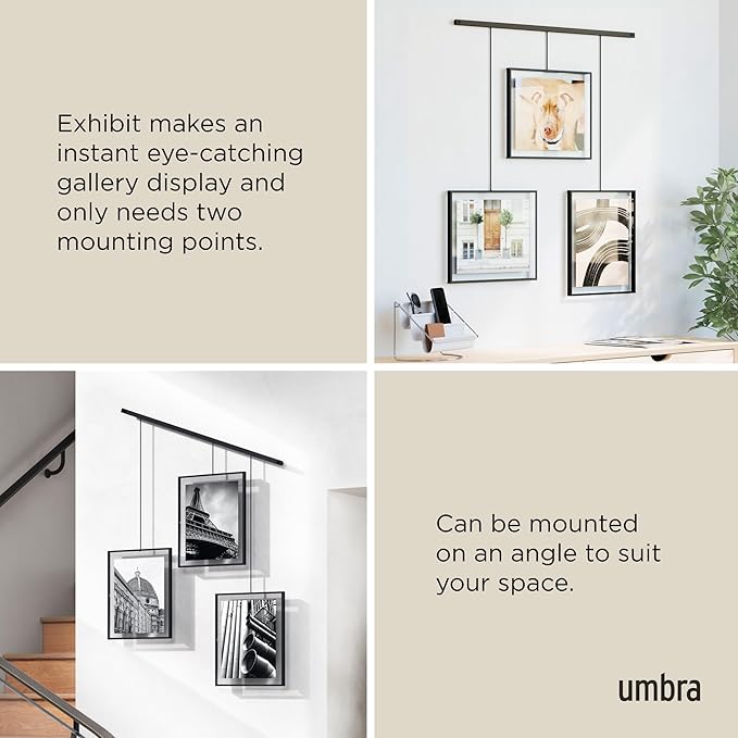Umbra Exhibit Wall Frame with Metal Rod for Hanging-Rimless Design-Suitable for Living Room, Bathroom, Bedroom, Entryway and More, Black