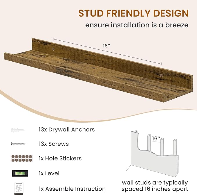 Axeman Picture Ledge Shelf, Floating Shelves for Wall Decor Set of 6, 24 inch Floating Wall Mounted Shelves, Wall Shelves with Lip for Living Room, Bedroom, Nursery, Bathroom, Kitchen, Rustic Brown