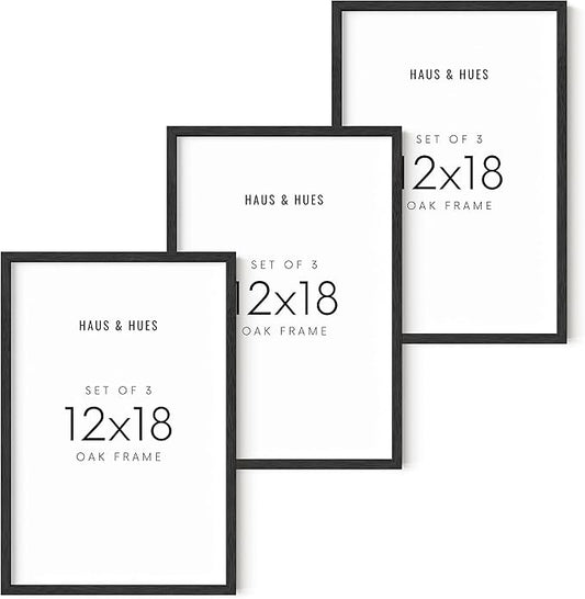 HAUS AND HUES Set of 3 12x18 Poster Frame - 18 x 12 Picture Frame Black Wood Frames, 12x18 Picture Frames for Wall, Black Poster Frame 12 x 18, 12 x 18 Frame Gallery Wall Frame Set (Black Oak Frame)