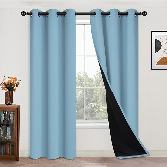 Yakamok 100% Blackout Curtains Energy Saving Thermal Insulated 2 Thick Layers Completely Blackout Drapes with Black Liner for Bedroom (42Wx84L,Sky Blue, 2 Panels)