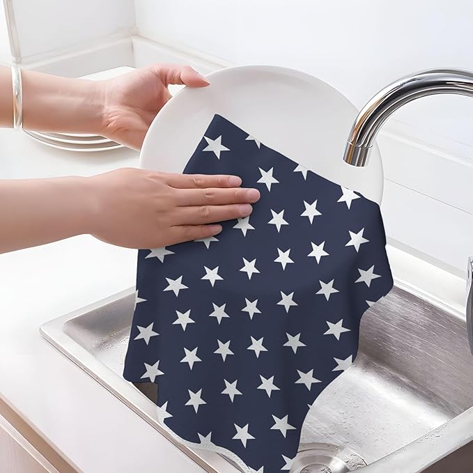 4th of July Kitchen Towels 16x24 Inch Navy Blue Red Patriotic Stars Decor Dish Towels American Independence Day Decoration Hand Towels Absorbent Dish Cloths for Home Kitchen Dining Set of 2