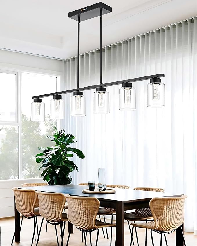 6-Lights 5CCT LED Black Kitchen Island Light LED Integrated Bulbs Included, Modern Linear Pendant Light Fixtures Hanging with Bubble Crystal LED & Clear Glass Shade