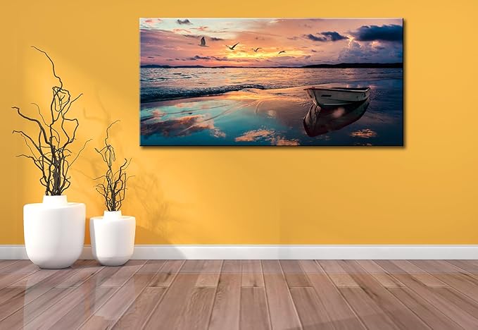 OKEXCKK Coastal Wall Decor Beach Canvas Wall Art Picture for Living Room - Sunset Ocean Landscape Painting Print Decor Blue Seascape Nature Artwork Poster for Bedroom Office Decoration - 20"x40"