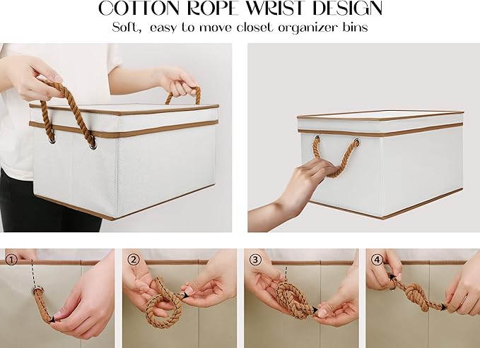 LoforHoney Home Fabric Storage Bins with Lids for Organizing, Foldable Closet Storage Boxes for Shelves, Clothes Baskets with Cotton Rope Handles, Large, Beige & Brown, 2-Pack