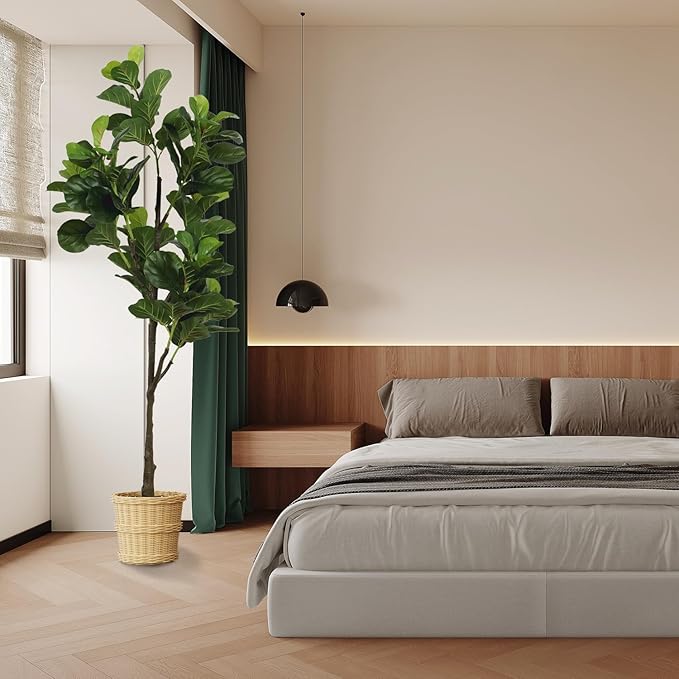 Faux Fiddle Leaf Fig Tree 6ft(72in) Artificial Floor Plant for Indoor Decor Realistic Potted Tree with Texture Silk Leaves and Natural Wood Trunk for Home Living Room,Office Perfect Housewarming Gift
