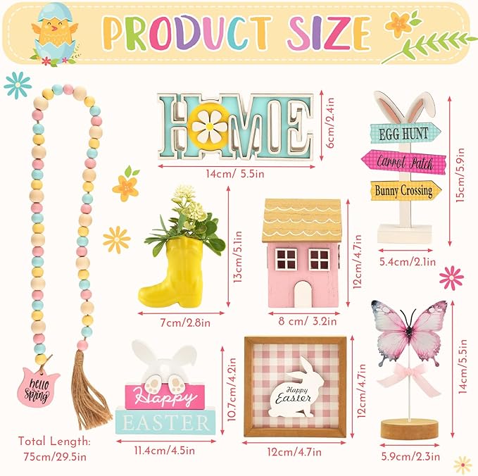 Spring Decorations, 8 Pieces Easter Spring Tiered Tray Decor, Home Office Table Shelf Decor Gifts, Tray Objects Decoration Bundle Bunny Bead Garland Wood Plaques Signs Decorative Ornament Set