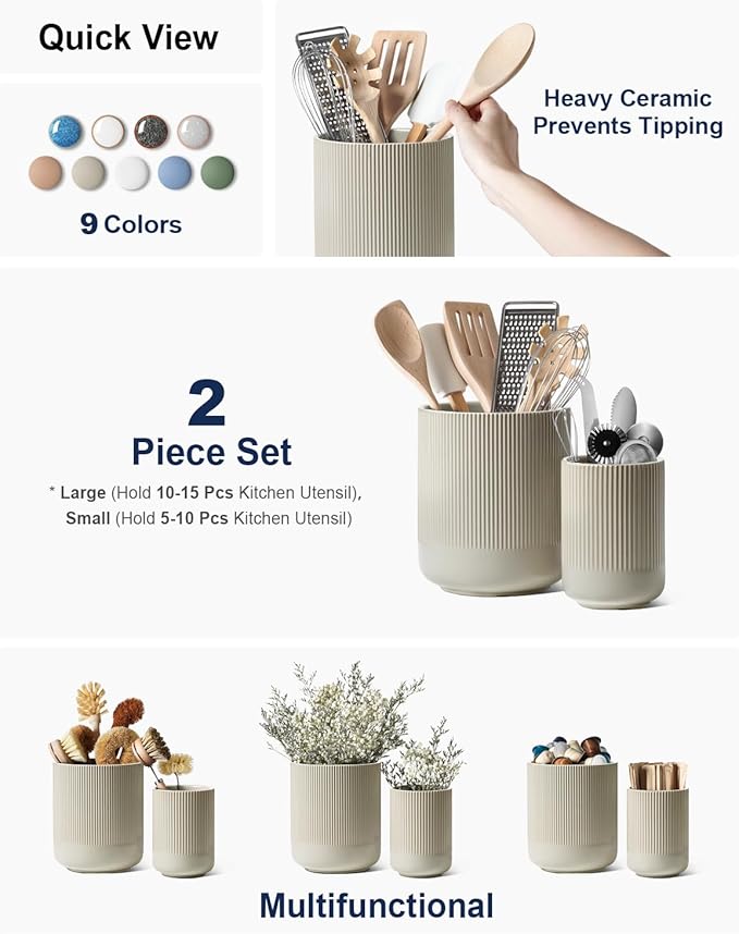 LE TAUCI Utensil Holder, 7.3"+5.4" Ceramic Kitchen Utensil Holder for Countertop, Large Cooking Utensil Crocks for Kitchen Counter, Modern Utensil Organizer for Spatula, Set of 2, Oatmeal Greige