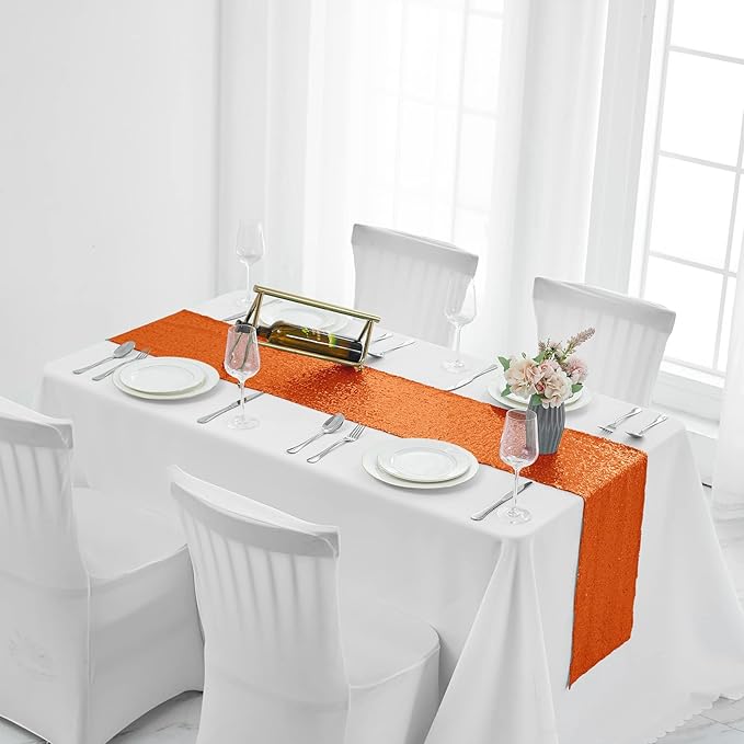 2 Packs 12 x 108 inches Orange Sequin Table Runner, Glitter Orange Table Runner for Wedding Birthday Bachelorette Holiday Party Supplies Decorations Bridal Shower Baby Shower
