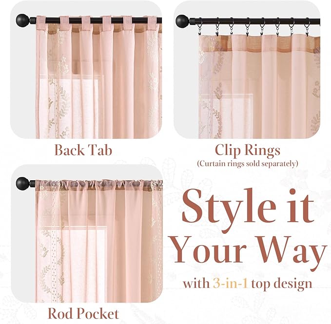 jinchan Belrose Pink Floral Sheer Curtains for Bedroom 63 Inch Long Voile Embroidered Farmhouse Curtains for Living Room Ivory Flower Patterned Rod Pocket Window Treatments, 2 Panels Pink