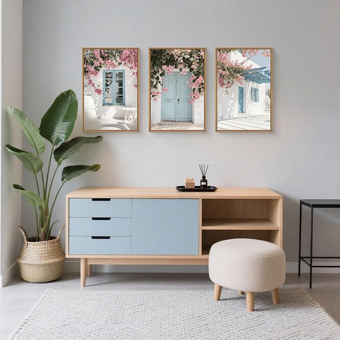 HOURIA Greek Island Street Framed Canvas Wall Art Set,Santorini Blue Doors Shutters Wall Decor,Coastal White House Pink Flower Artwork,European Cityscape Art Prints for Living Room, Bedroom-24 x36 x3