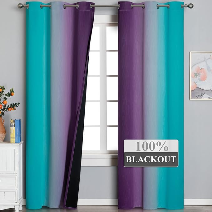 Estelar Textiler Teal and Purple Ombre Blackout Curtains 96 Inches Long 2 Panels for Living Room, Grommet Thermal Insulated Gradient Drapes, Full Light Blocking Curtains for Bedroom, 42x96 Inch