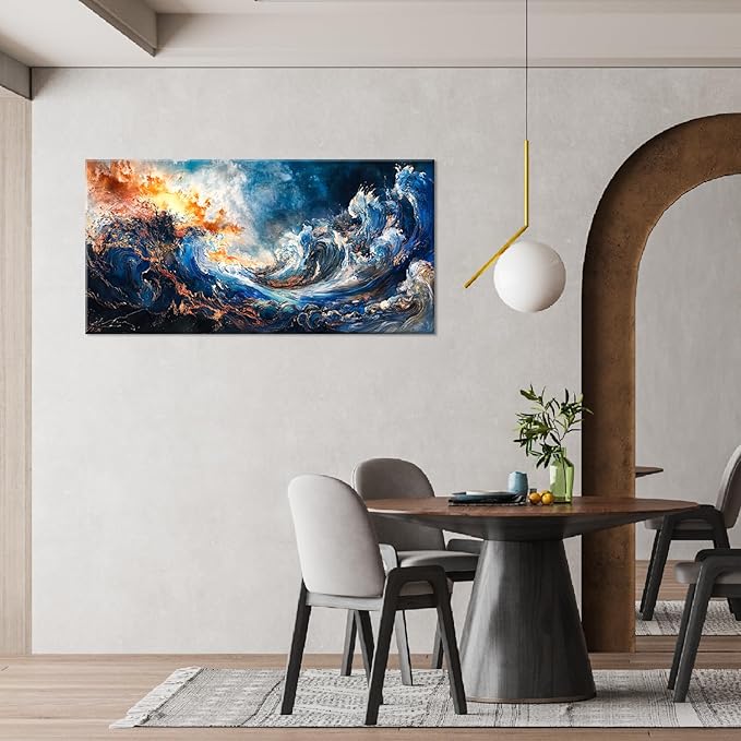 ZESTFLICKR Wall Art of Ocean Wave Abstract Canvas Blue Print Modern Artwork Pictures Magnificent for Living Room Bedroom Home Office Kitchen Decor (28x58 inches)