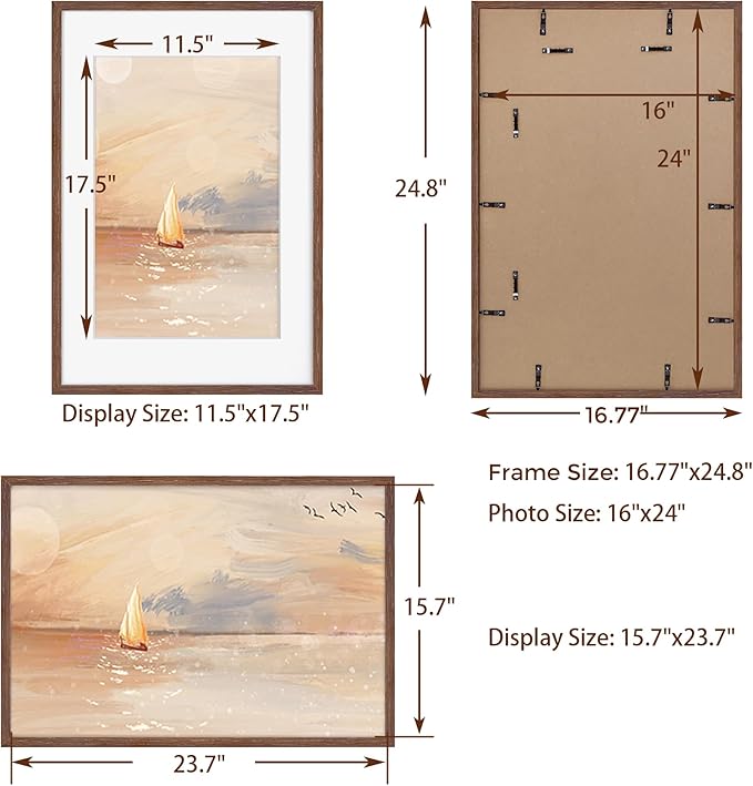 16x24 Picture Frame, 16 x 24 Poster Frames Set of 2, 16x24 Frame Solid Oak Wood & Tempered Glass, 16 x 24 Picture Frame with Mat for 12 x 18, Rustic Wooden 16"x24" Frames, Walnut Color