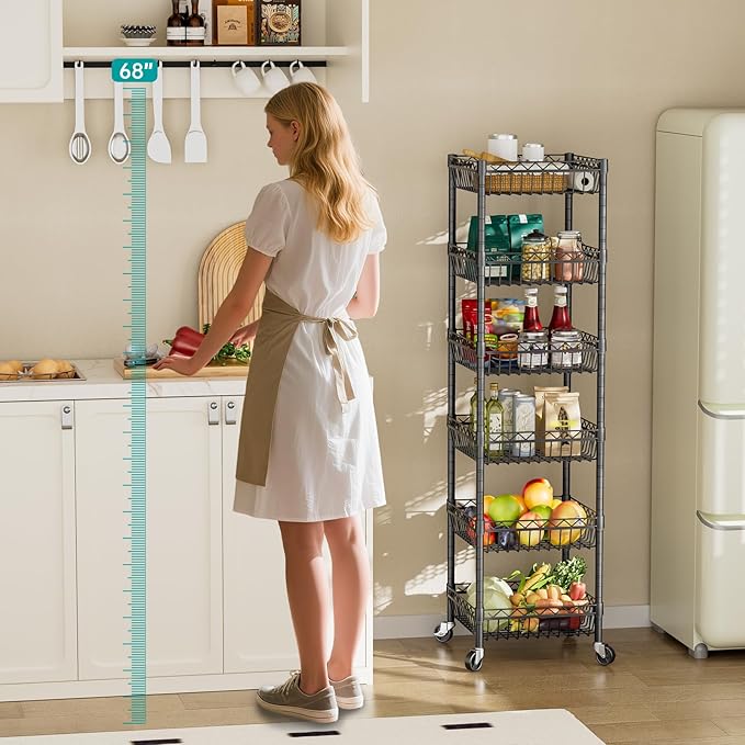 SINGAYE 6 Tier Shelf Wire Rack Shelving with Wheels Metal Storage Shelves Adjustable Closet Bathroom Organizers Baskets Pantry Kitchen Garage Laundry Room 13.5" D x 13.5" W x 63" H Black