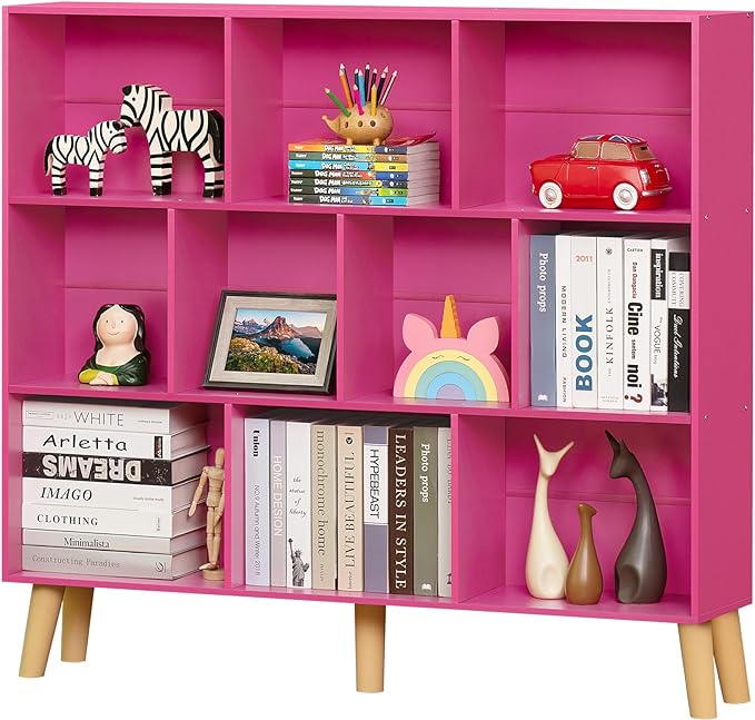 LEYAOYAO 10 Cube Bookshelf,3 Tier Modern Wide Bookcase with Legs,Mid-Century Wood Bookshelves Storage，Pink Large Book Case,Freestanding Organizer Display Shelf for Bedroom,Living Room,Office