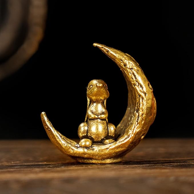 CHOVY Retro Handcrafted Moon Rabbit Sculpture - 100% Solid Brass Adorable Rabbit Sitting on Crescent Moon | Vintage Style Collectible Art Piece for Home & Office | Unique Gift for Lunar Lovers