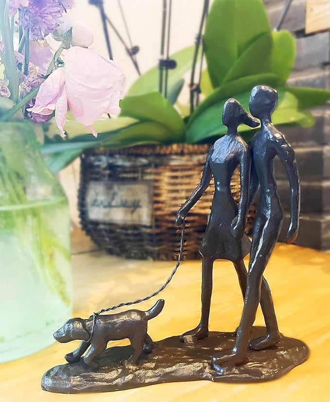 Couple and Dog Cast Iron Sculpture, Romantic Couple Love Metal Art Decor, Family Love Statue, Dog Lover Gifts for Couple