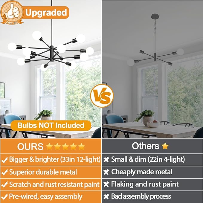 33" Modern Chandelier Ceiling Light Fixture, 12-Light Sputnik Chandeliers Matte Black Mid Century Chandelier Over Table, Height Adjustable Chandeliers for Dining Room Living Room Kitchen Island